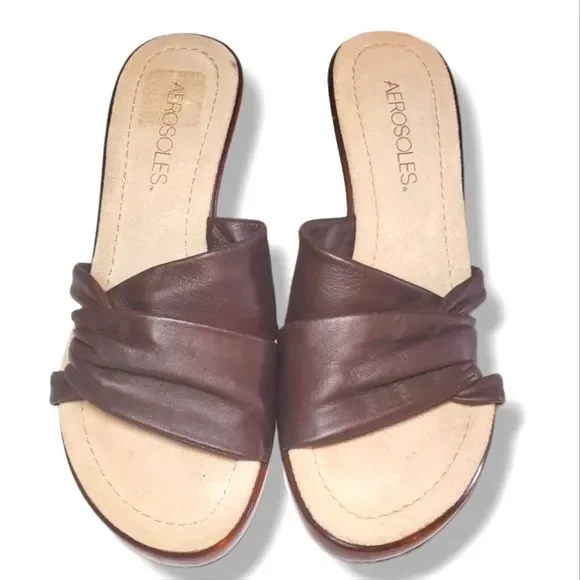 #389 Aerosoles Ledger Brown Leather Open Toe Block Heel Sandals Women 5.5 Shoes - Picture 5 of 6